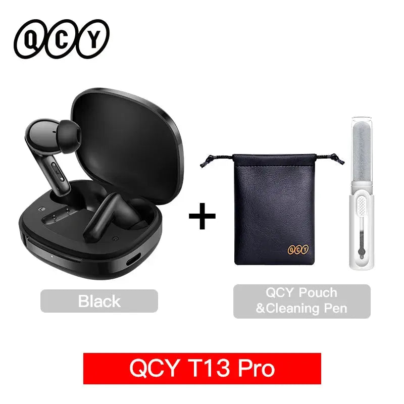 QCY T13 Pro wireless earbuds in black with charging case; three-piece set with dark blue pouch and cleaning pen