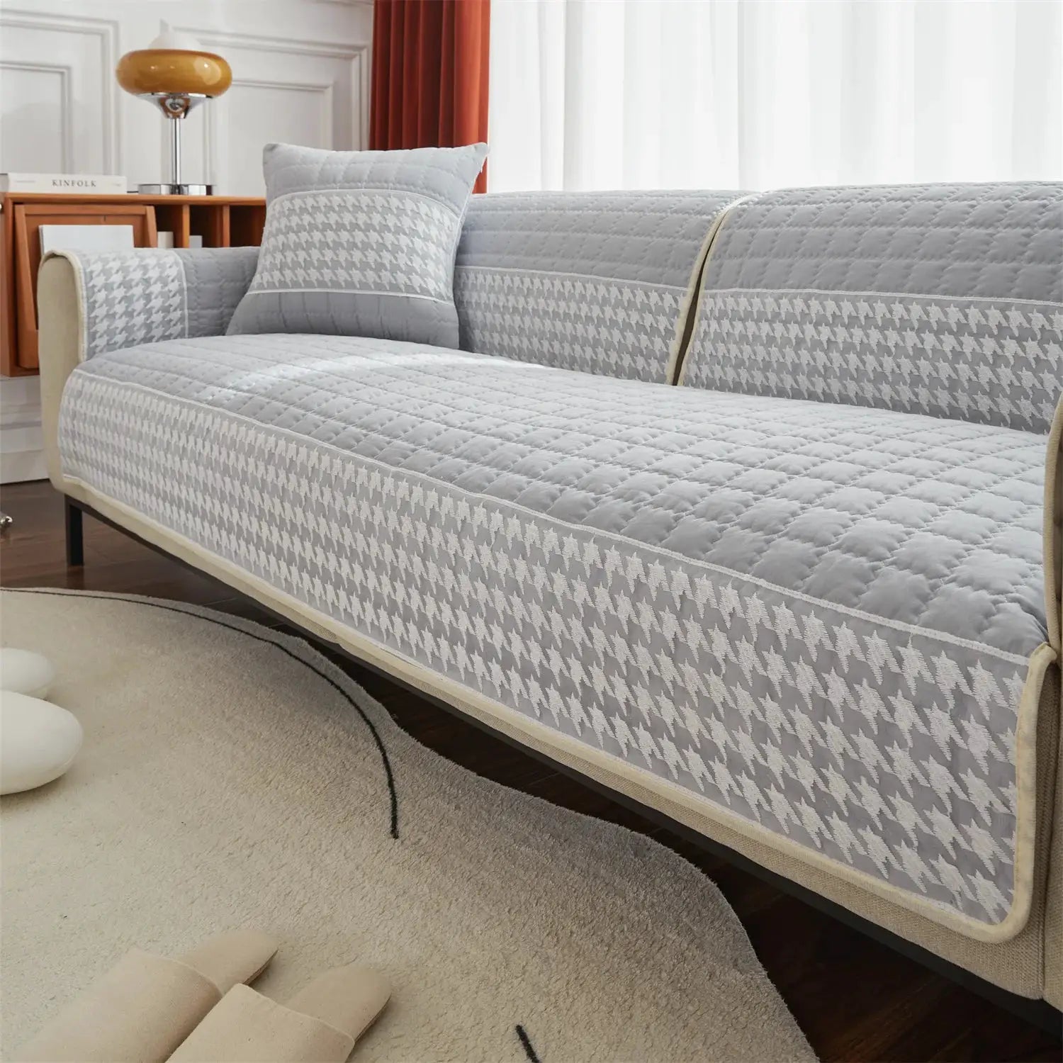 Houndstooth quilted sofa slipcover set with anti-slip backing and matching pillow, gray