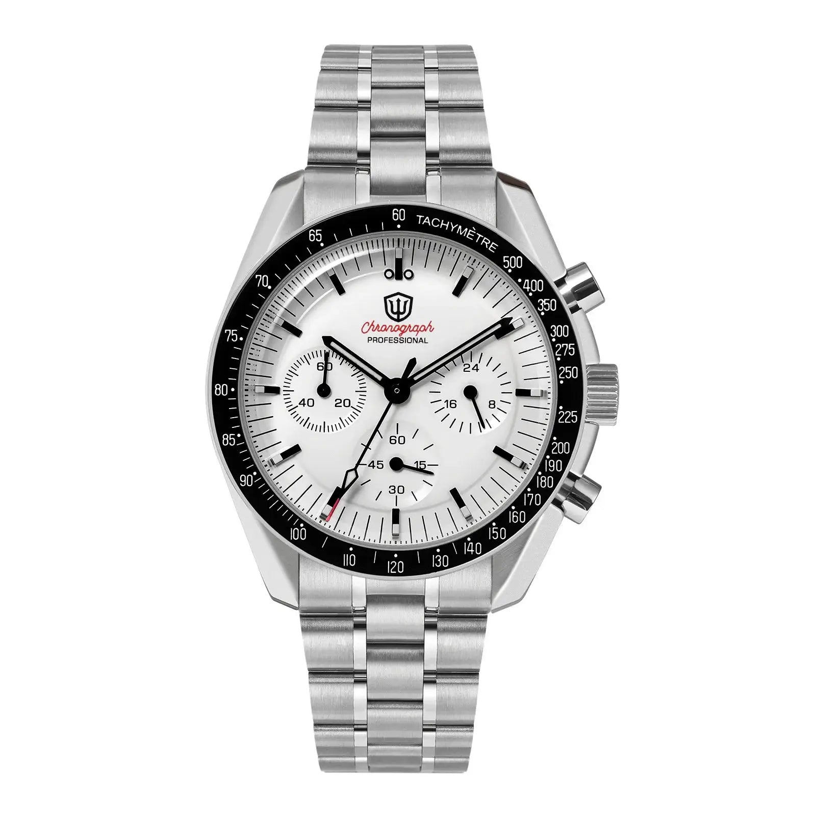 Watchdives WD1863 stainless steel chronograph watch with white dial, black tachymeter bezel and three subdials