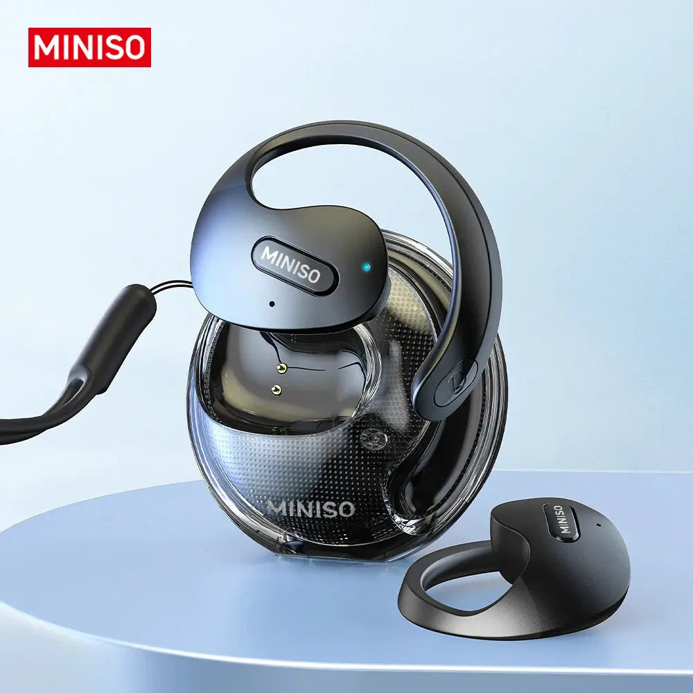 MINISO Translator X15Pro 5.4 Bluetooth headset, black wireless translation earphones with MINISO branding