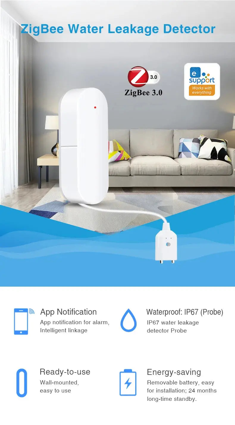 Ewelink ZigBee3.0 water leak detector, white sensor with red indicator for ZigBee gateway compatibility