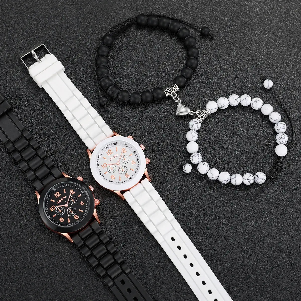 Geneva 4-piece couple watch and bracelet set with black and white silicone-band watches and marble bead bracelets