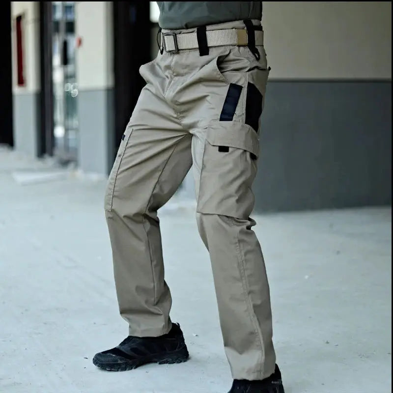 New Tactical Work Pants Simples Market beige cargo trousers with multiple pockets and belt