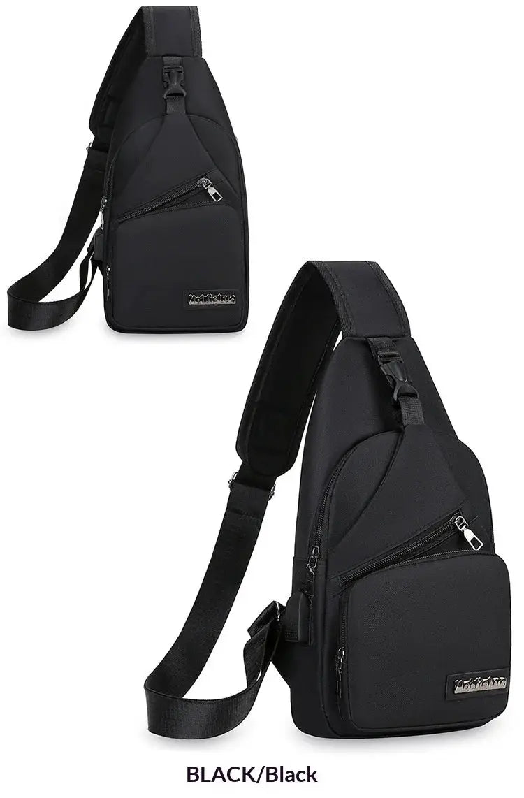 Men's chest bag crossbody, lightweight black canvas with zip pockets and adjustable strap, Simples Market