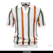 AIOPESON men's ribbed knit polo shirt, white with green and orange stripes, short sleeves, breathable collar