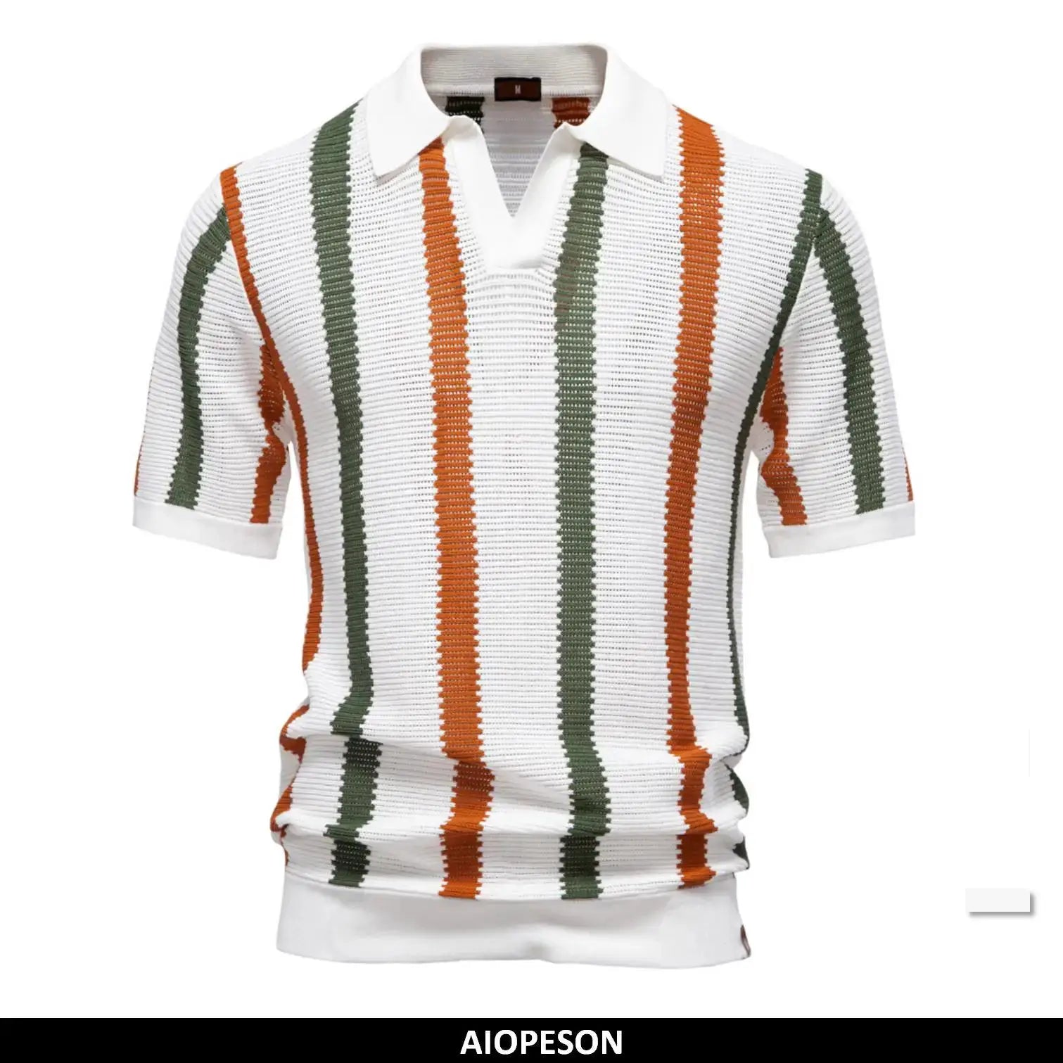 AIOPESON men's ribbed knit polo shirt, white with green and orange stripes, short sleeves, breathable collar