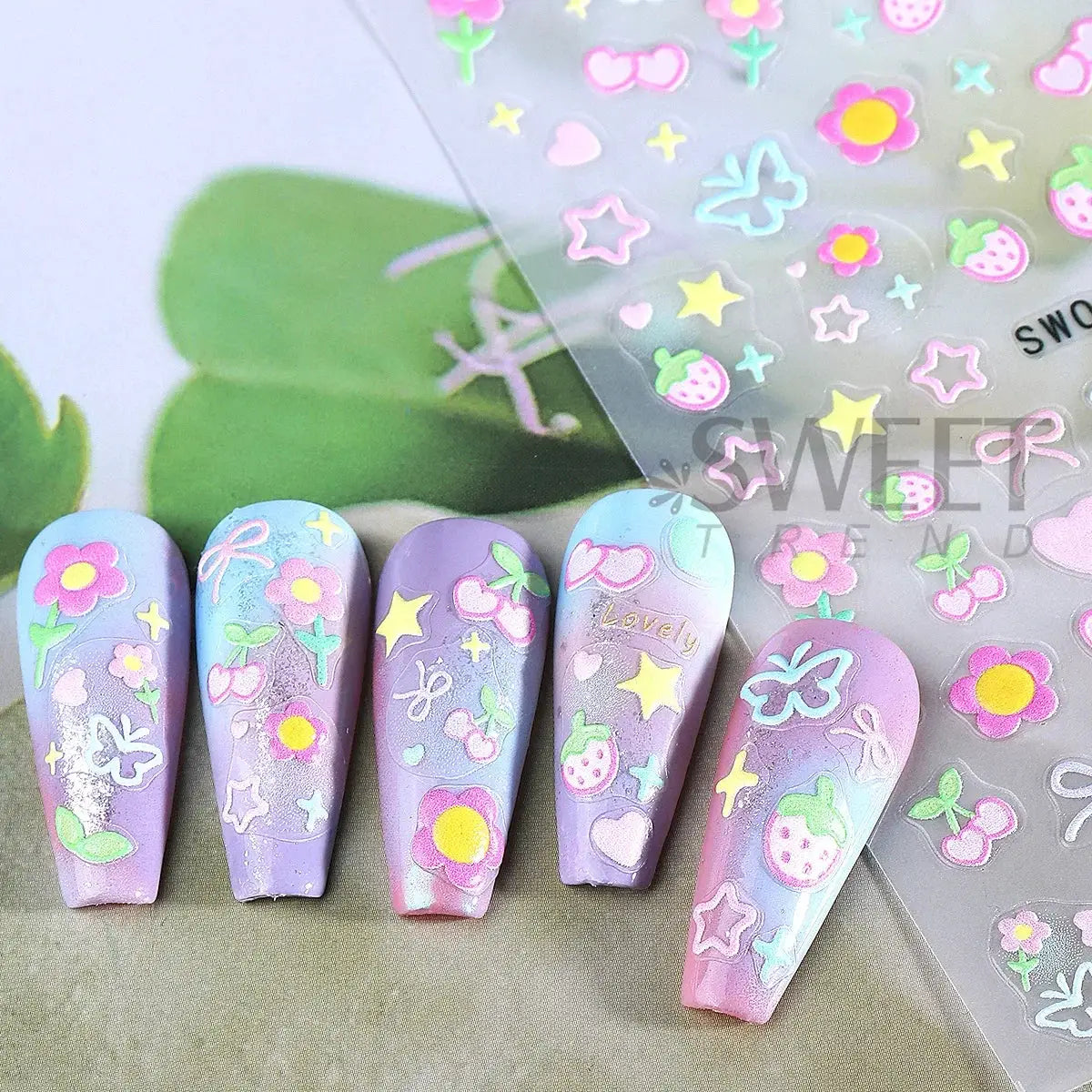 2pcs Simples Market Sweet Element nail art stickers in pastel lilac with flowers, cherries and butterflies