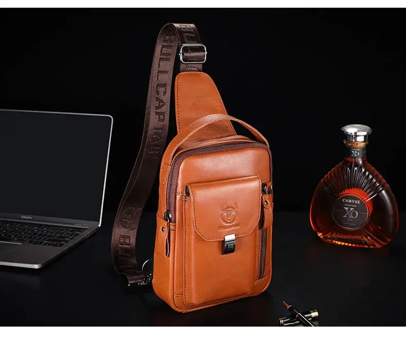 BULLCAPTAIN men's genuine leather chest bag, brown crossbody with anti-theft design for 7.9-inch phones