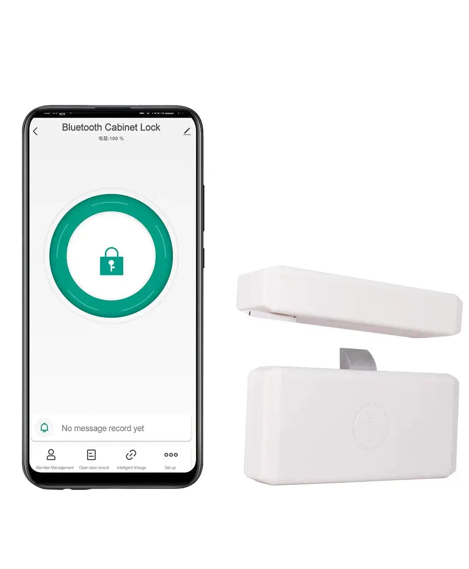 White smart drawer lock kit with NFC sensor and app control; two white hardware components shown with a smartphone