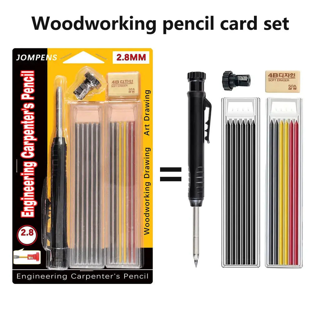 Simples Market carpenter pencil set with built-in sharpener; includes automatic drawing pen and metal cases