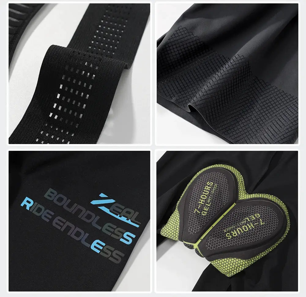 Men's black cycling bib shorts, seamless padded, breathable grid-stitch panels, logo graphic, 7-hour gel-foam chamois