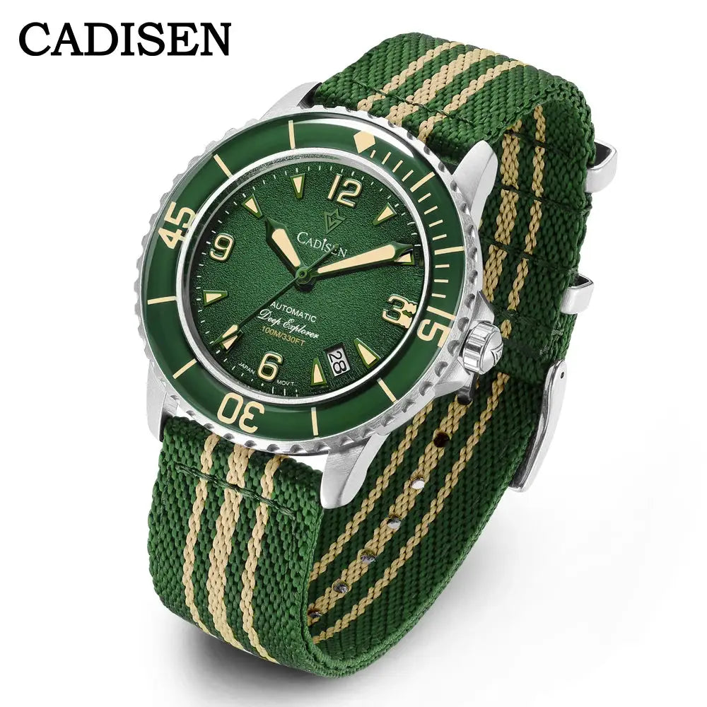 CADISEN Deep Explorer automatic diver watch with green dial, green bezel, 100M water resistant, and green canvas strap