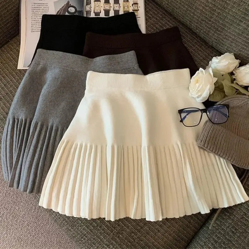 Korean Flair Pleated Mini Skirts With Knitted Design And Elastic Waist For Casual Youthful Wear