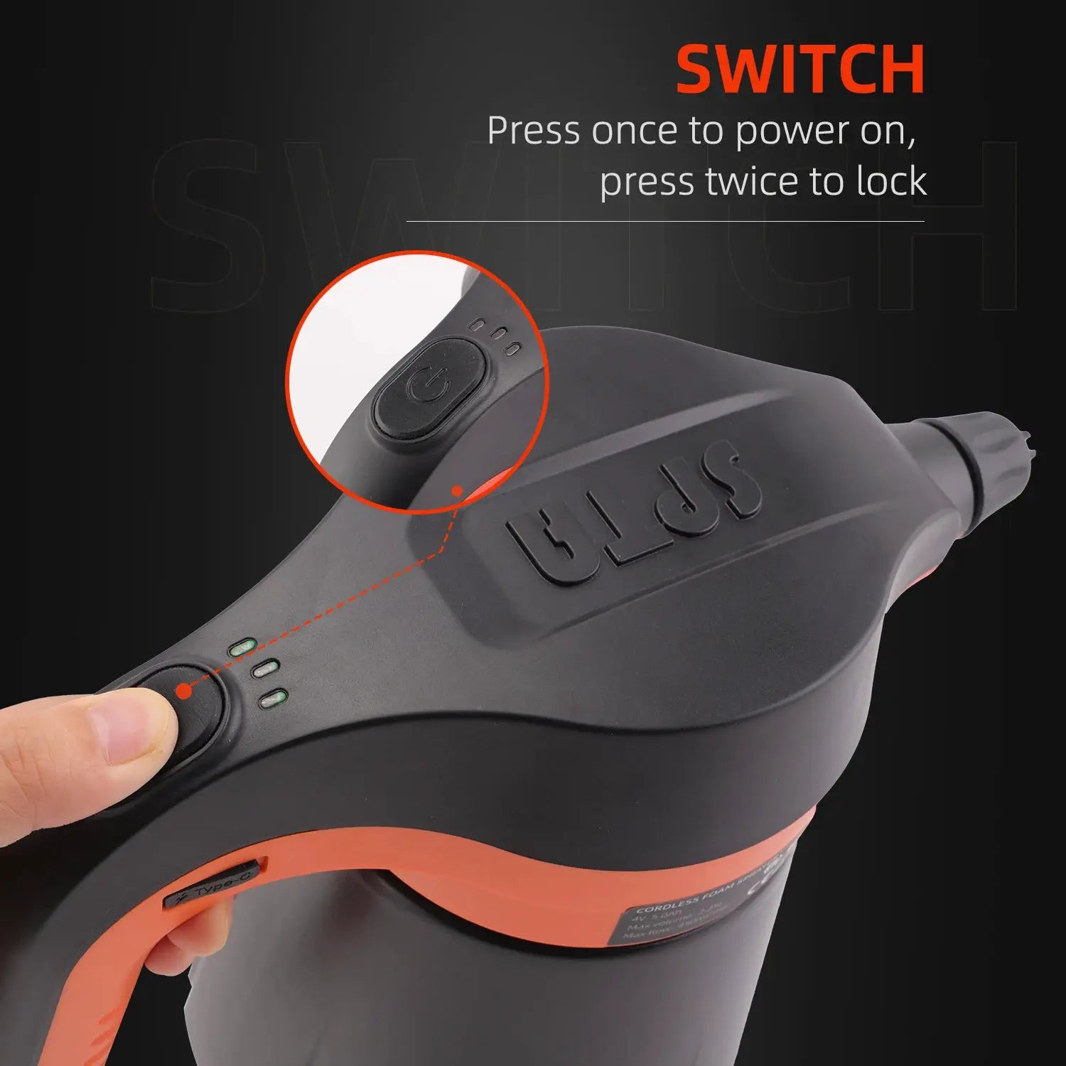 Simples Market SPTA cordless foam sprayer, black/gray body with orange accents and 2.25L capacity.
