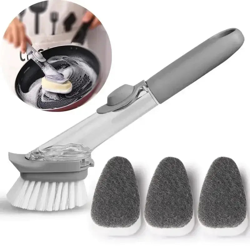 Refillable liquid kitchen cleaning brush with long gray handle, built-in soap dispenser, and 3 replacement sponge heads.