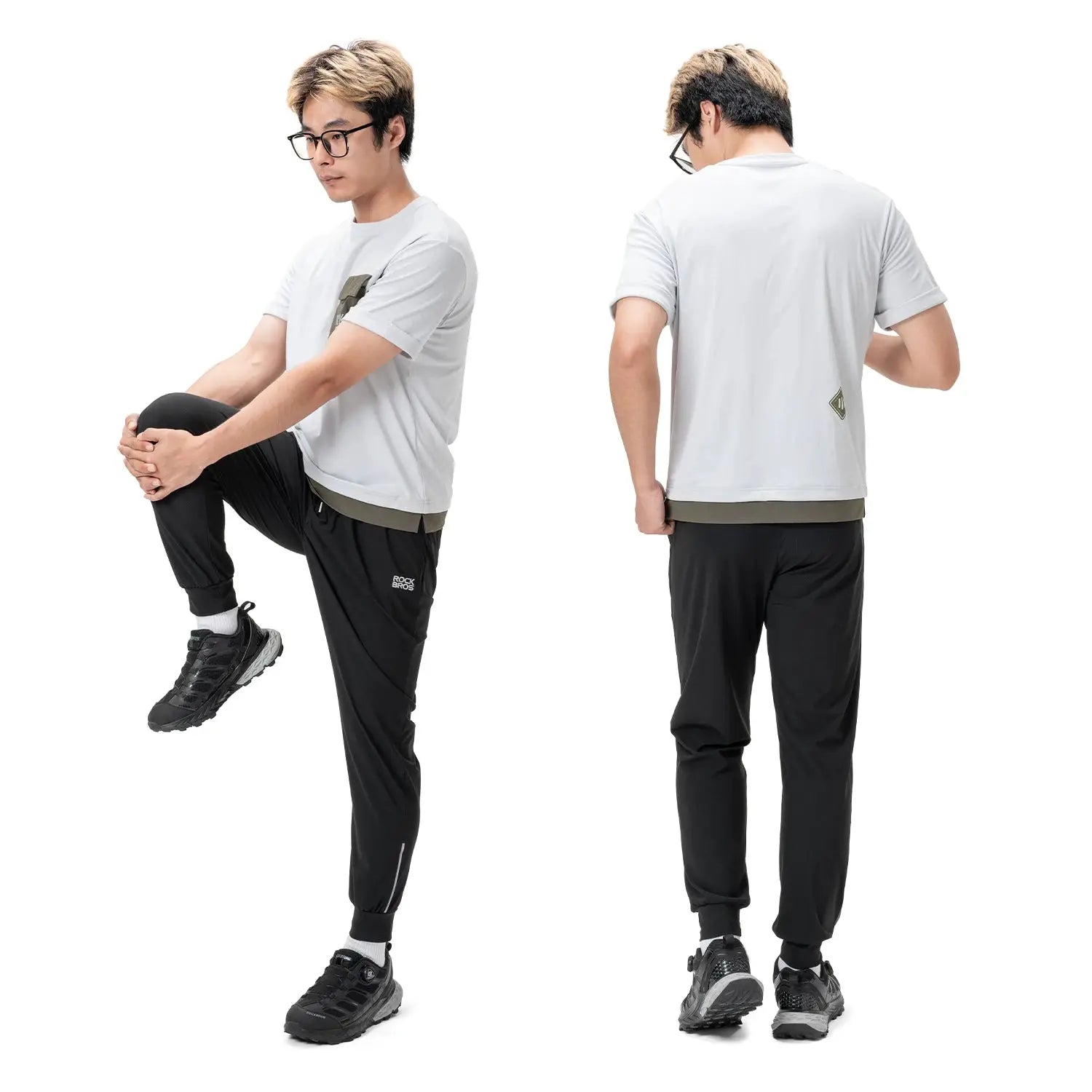 ROCKBROS outdoor running pants, black breathable long trousers with olive waistband, shown from front and back.
