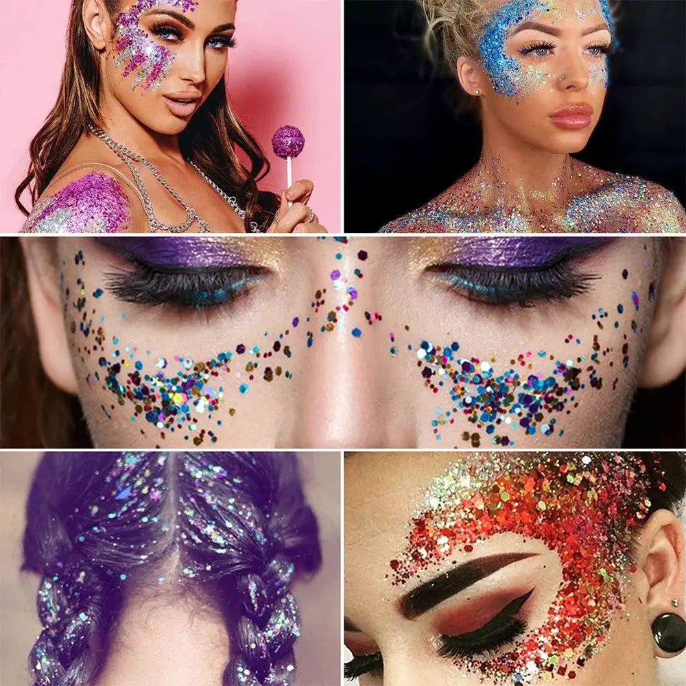 NovaGlow 12 Color Face and Body Glitter Gel with Holographic Sequins for Festivals Parties and Prom Night