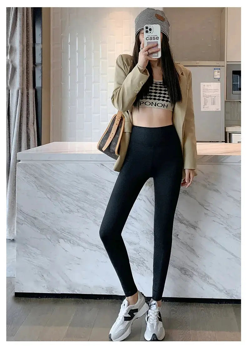 BIVIGAOS fall/winter brushed shark leggings for women; high-waist, seamless, slim-fit in black