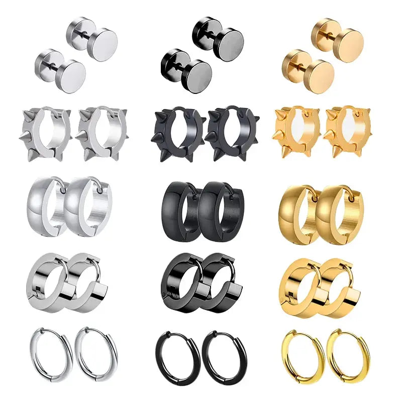 1 Pair Unisex Black Gold Stainless Steel Earrings Punk Gothic Style Fake Piercing Jewelry