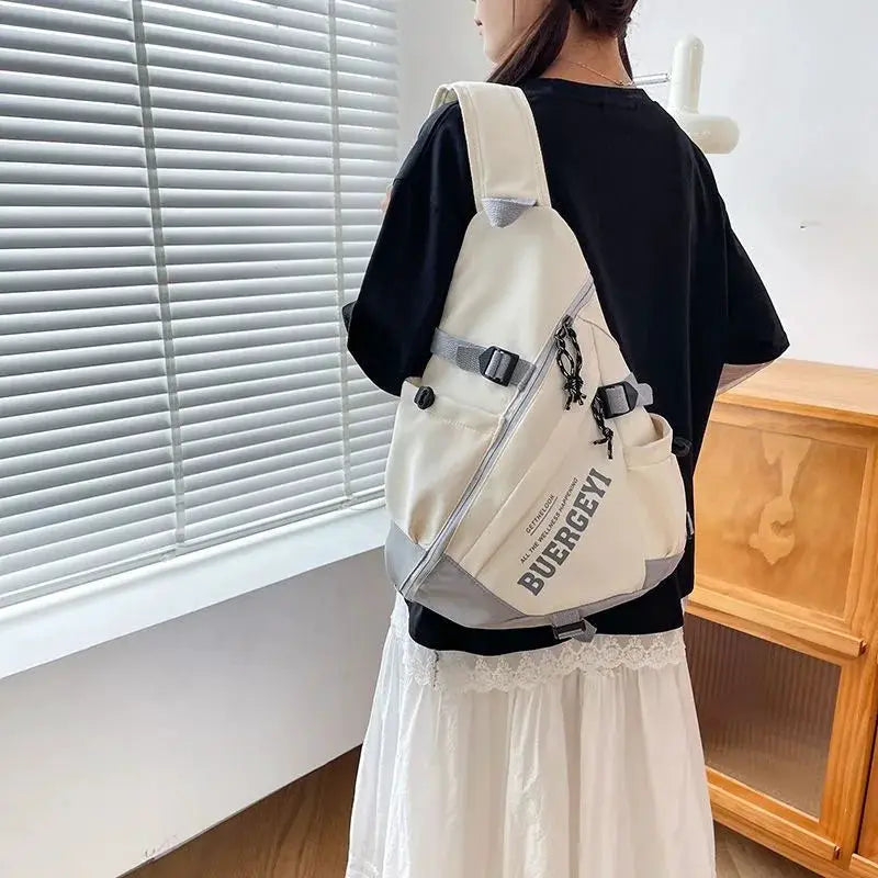 New Y2k portable light nylon crossbody bag, beige with gray accents, unisex travel backpack