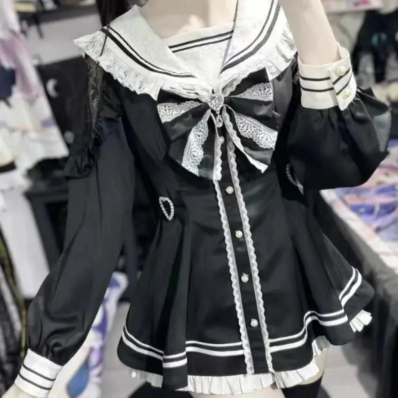 Japanese Style Gothic Y2K Lolita Bow Dress Set Women Long Sleeve