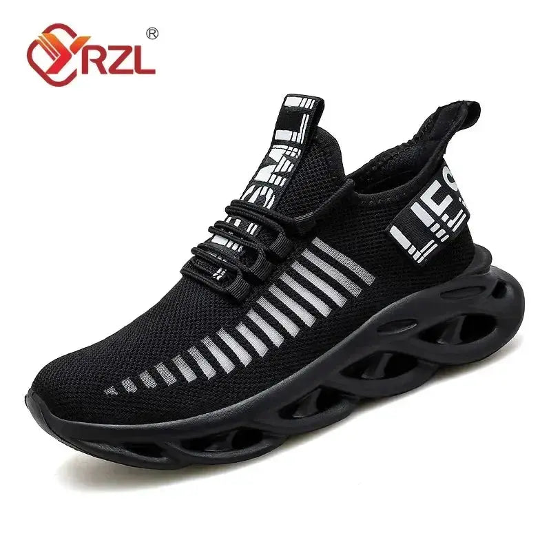 Black knit sneakers; unisex breathable running shoes with sculpted sole by RZL