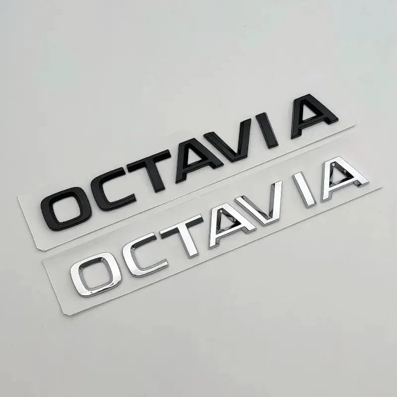 Octavia emblem letters badge set, 3D ABS chrome and black finishes, car rear trunk emblems (2 pieces)