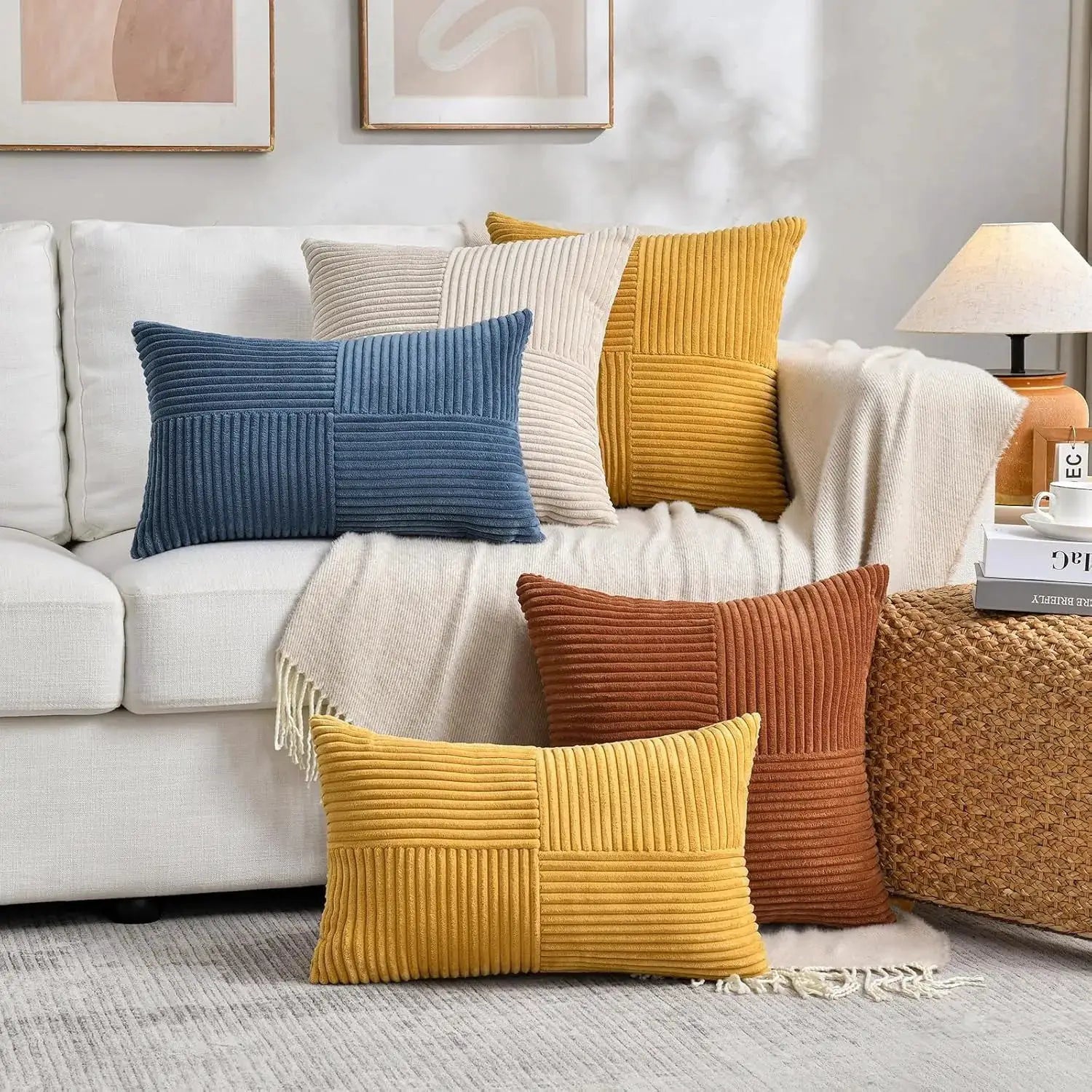 Simples Market Rust Boho 18x18 corduroy patchwork throw pillow covers in blue beige mustard rust on sofa
