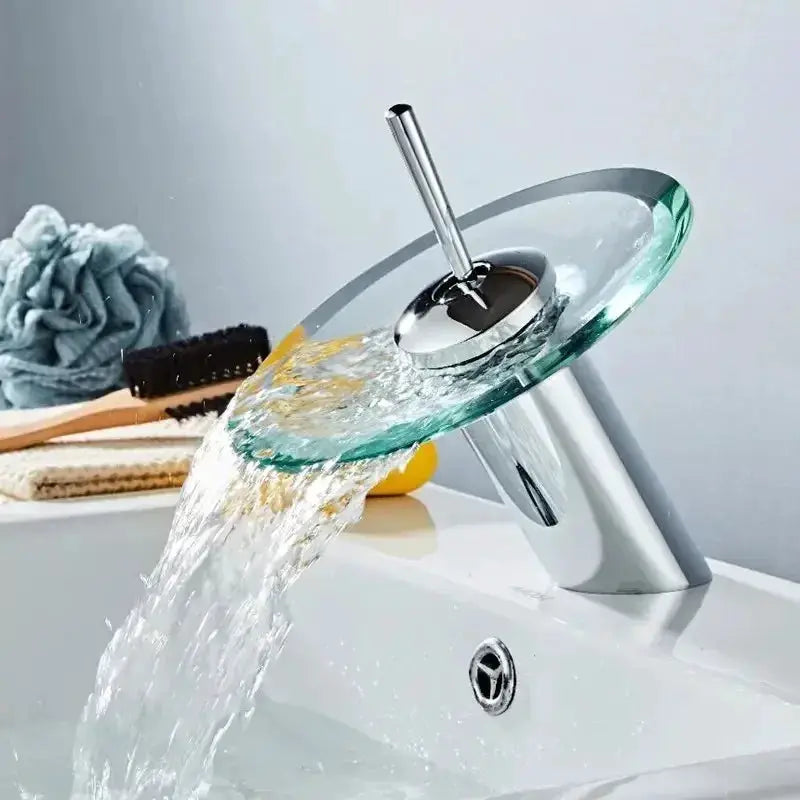 Bathroom faucet with colorful glass waterfall disc, chrome deck-mounted single-lever mixer tap