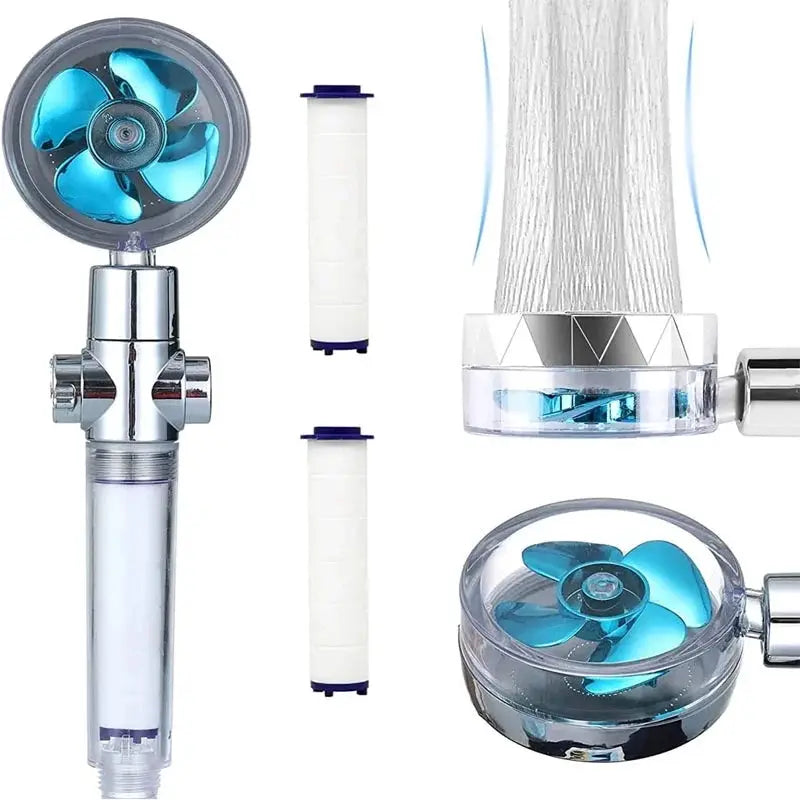 360° Rotation Turbo Shower Head chrome finish with blue blades and 2 white filter cartridges