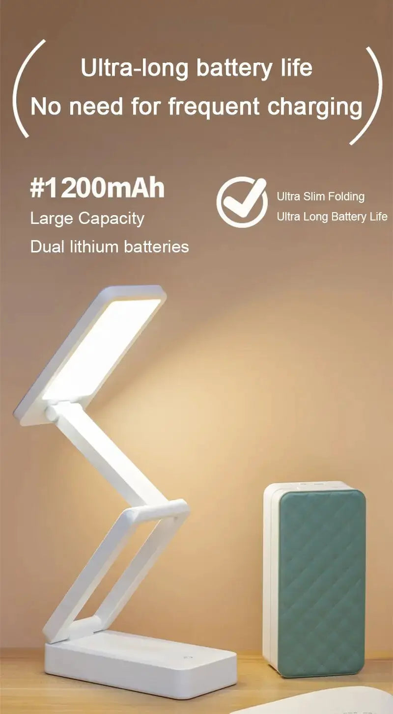 Folding LED desk lamp with adjustable white arms and rectangular panel; 1200mAh dual lithium batteries, teal power bank.