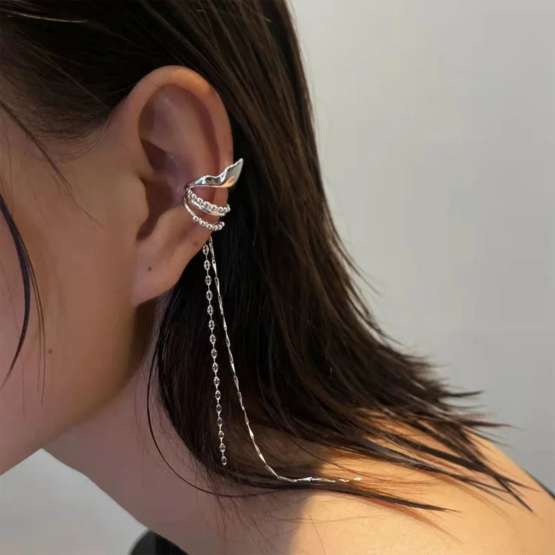 Elf ear clip long chain tassel earrings in silver-tone, ear cuff style