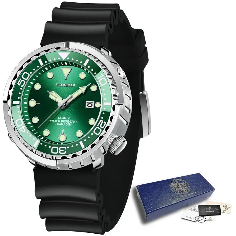 Diver watch for men by FOXBOX; green dial, stainless steel bezel, black silicone strap, 50m water resistant, blue box.