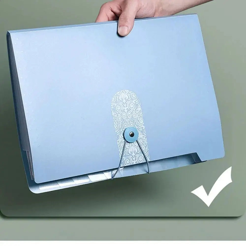 A4 organ file folder, light-blue expanding document organizer with decorative patterned clasp
