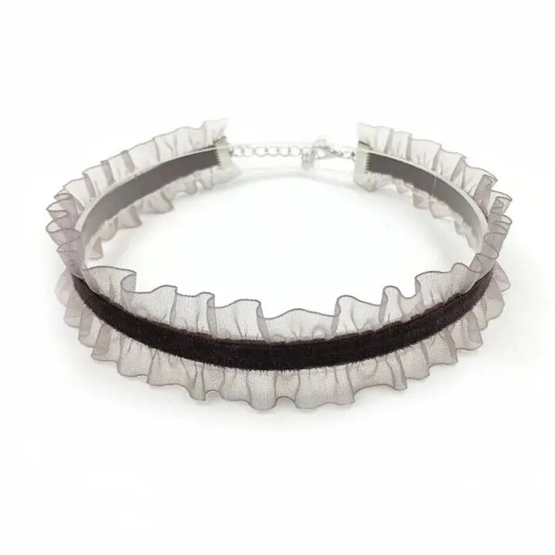 Lace choker necklace with black velvet band and white sheer ruffle, women's romantic jewelry