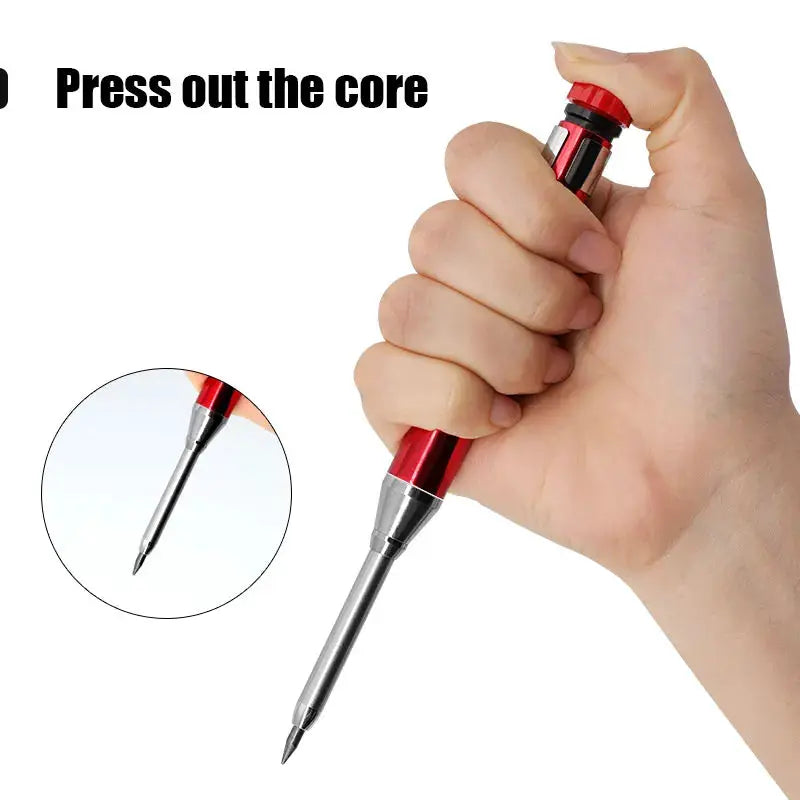 Metal carpenter pencil with built-in sharpener, 2.8mm, red handle held in hand
