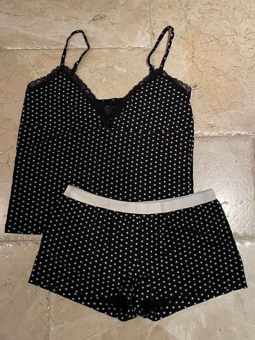 Strawberry Print Vest And Shorts Set For Women Eyelet Bow Tank Top