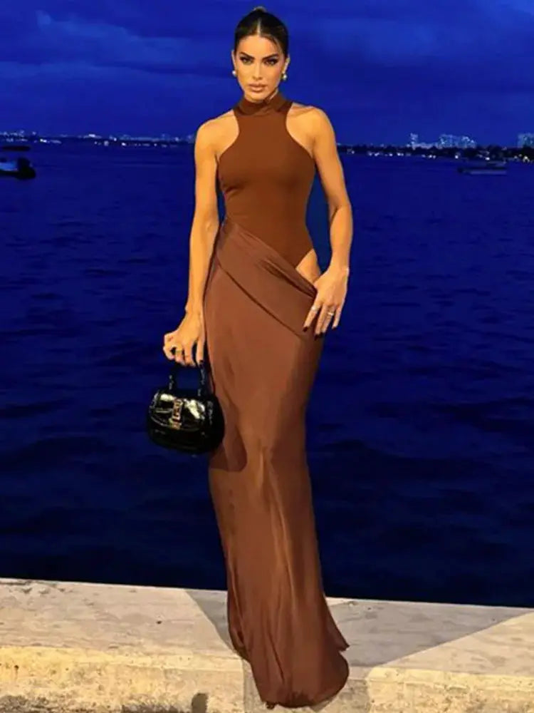 Julissa Mo Satin Hollow Out Maxi Dress Elegant Slim Fit Floor Length Party Clubwear