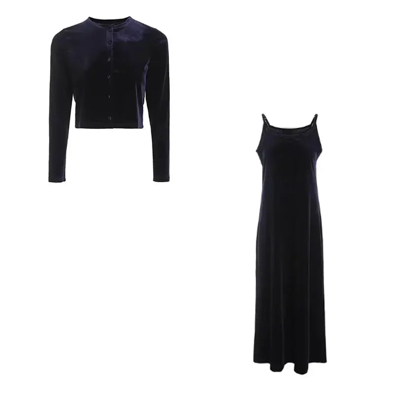 Autumn Solid Color Sleeveless Dress With Long Sleeve Cardigan Set In Cozy Polyester Fleece For All Day Comfort