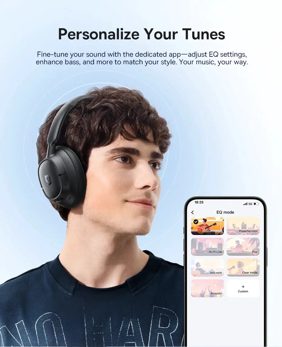 Baseus Bass EH10 noise-canceling wireless over-ear headphones in black, with a smartphone showing EQ app