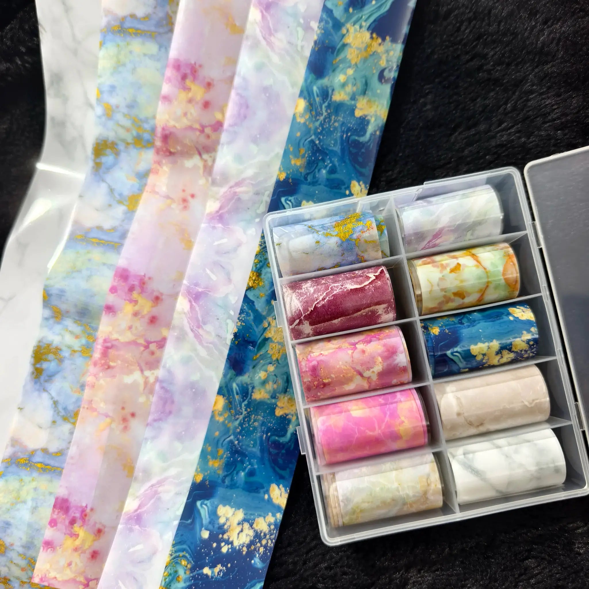 Nail foil set: 10 rolls of pastel marble designs with gold flecks by Simples Market