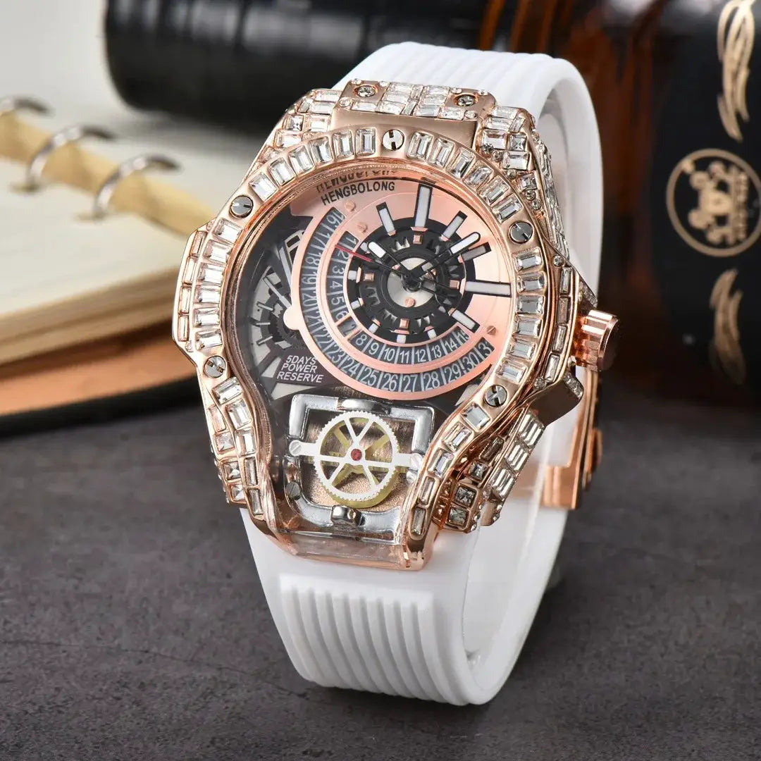 Men's luxury watch with rose-gold diamond-studded case and white rubber strap