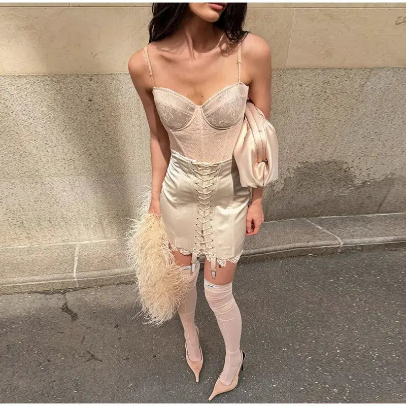 Women's beige lace patchwork mini skirt with front lace-up panel for chic streetwear
