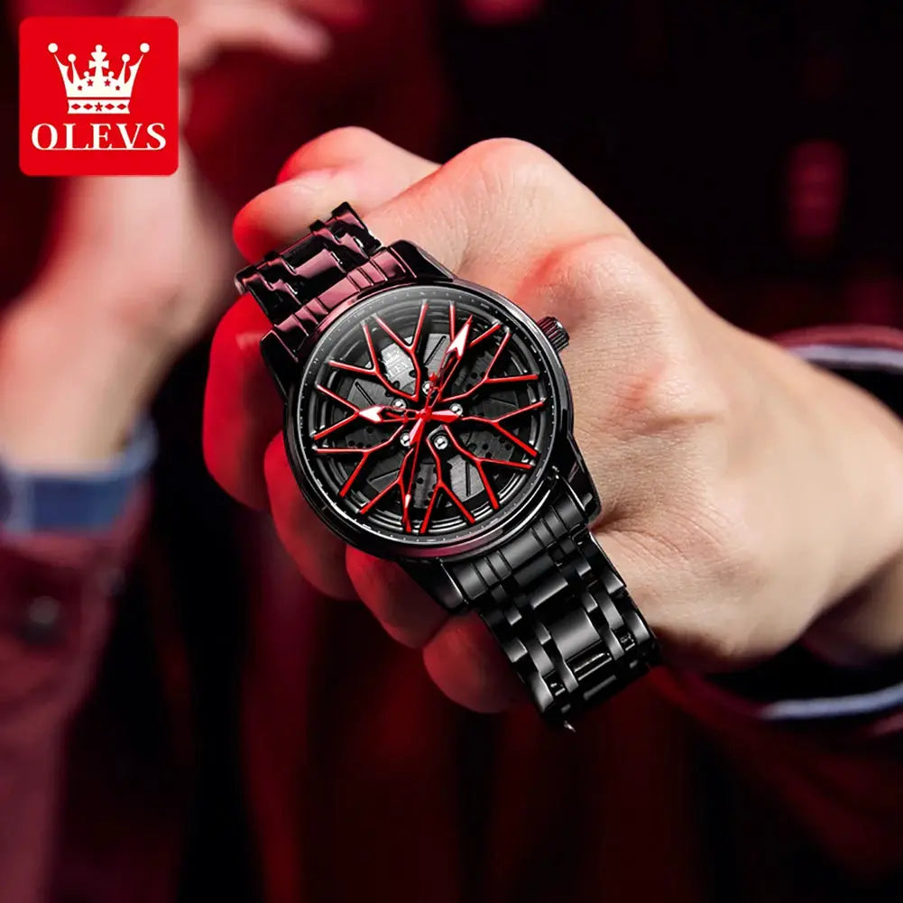 OLEVS men's quartz watch with red skeleton dial, black stainless steel band, 30M water resistant