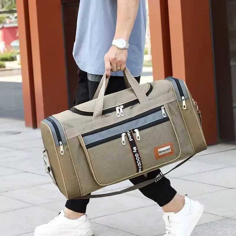 Simples Market Oxford dry-wet separation gym bag in beige, large-capacity waterproof duffel with multiple zip pockets and handles