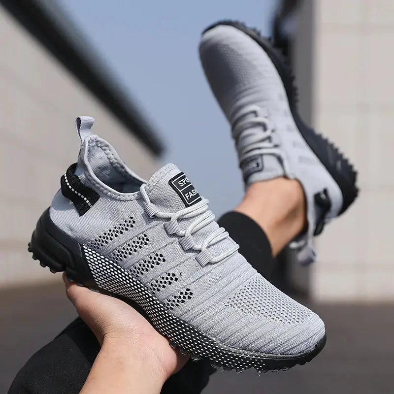 Simples Market men's gray mesh running sneakers pair with lightweight breathable design and black sole