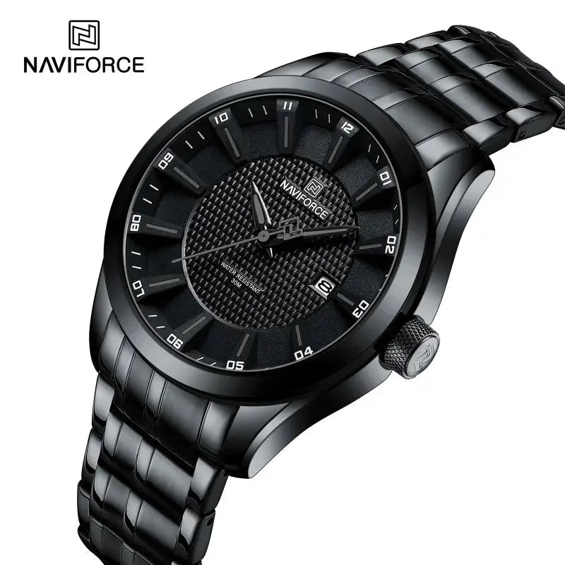 NAVIFORCE men's black stainless steel watch with textured dial, date window and water resistance