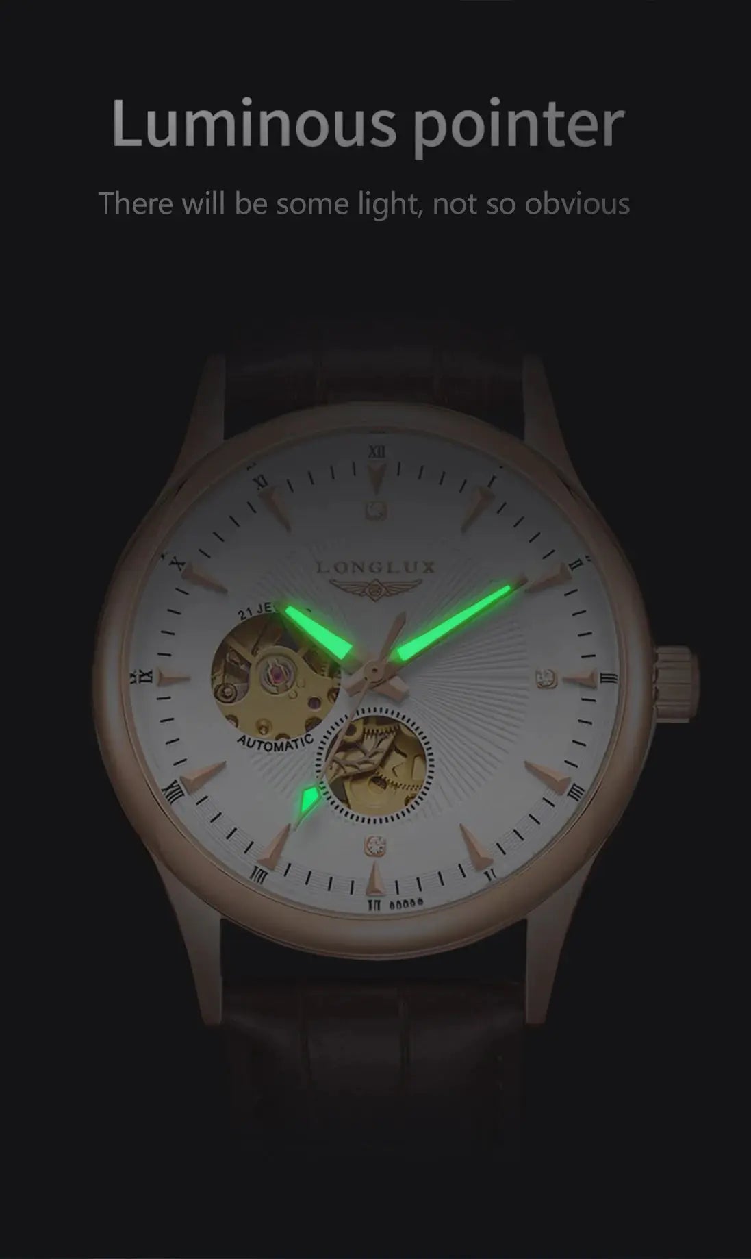 LONGLUX automatic skeleton wristwatch with rose-gold case and green luminescent hands, leather strap