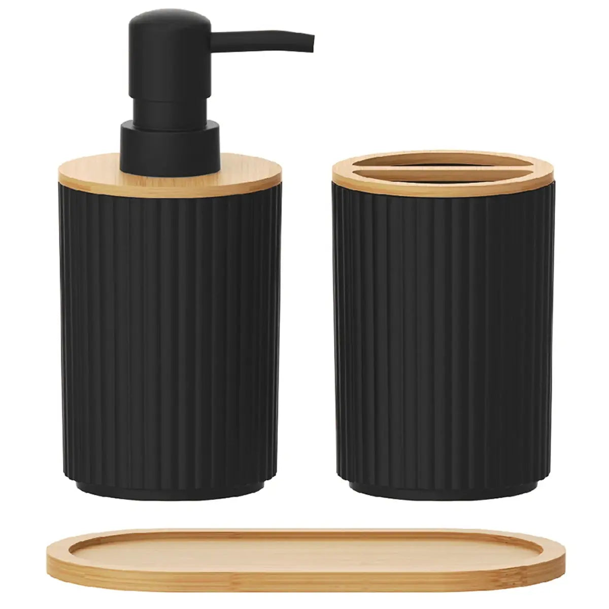 Simples Market 2-piece black ribbed bathroom accessories set: pump soap dispenser and toothbrush cup with bamboo lids.