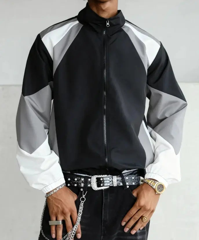 Men's color-blocked lightweight jacket with zip front and black-gray-white panels